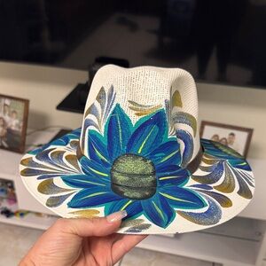 Hand-Painted Floral Hat with Blue and Green Accents